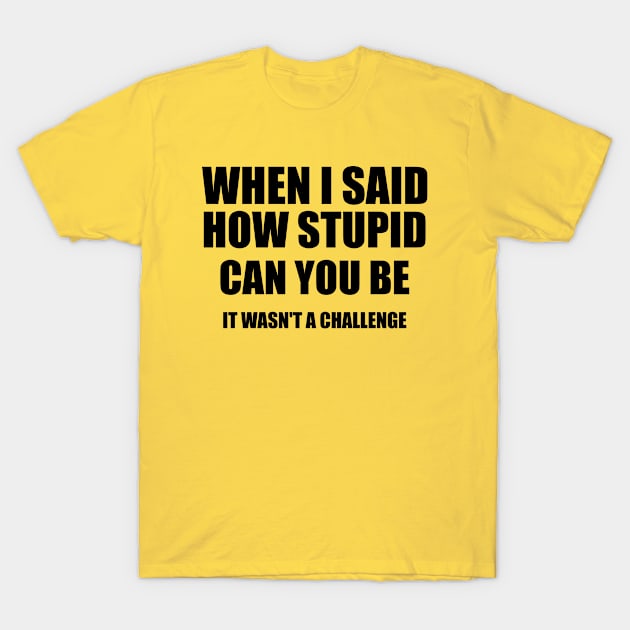 When I Said How Stupid Can You Be It Wasn't A Challenge, gift idea, sarcastic, funny saying T-Shirt by Rubystor